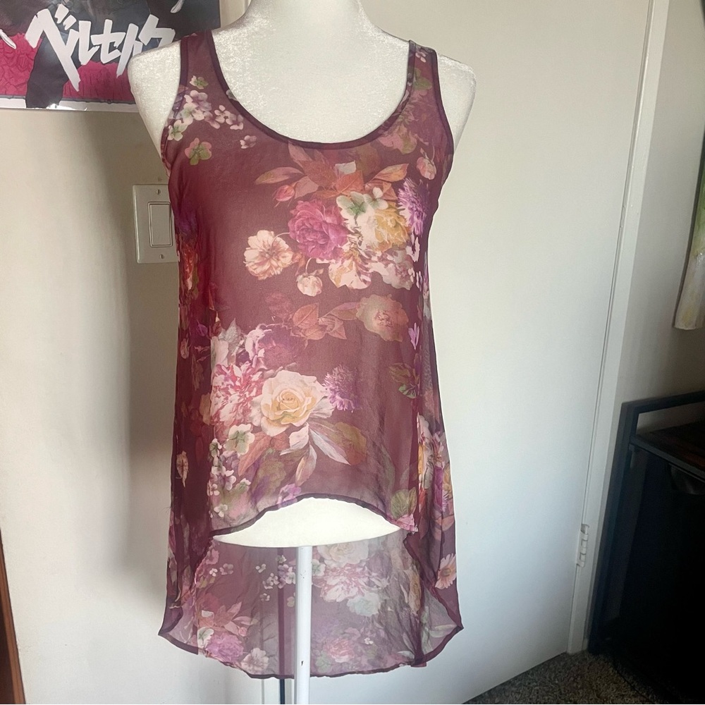 Floral red chiffon sheer fabric print flowy tank tunic top